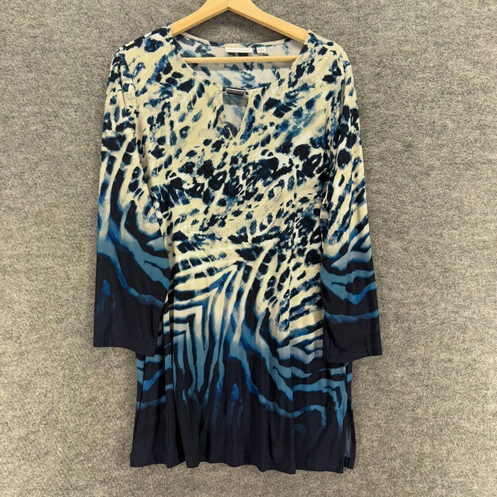 Susan Graver Mini Dress Women XL Blue Animal Print Short V-Neck Long Sleeve